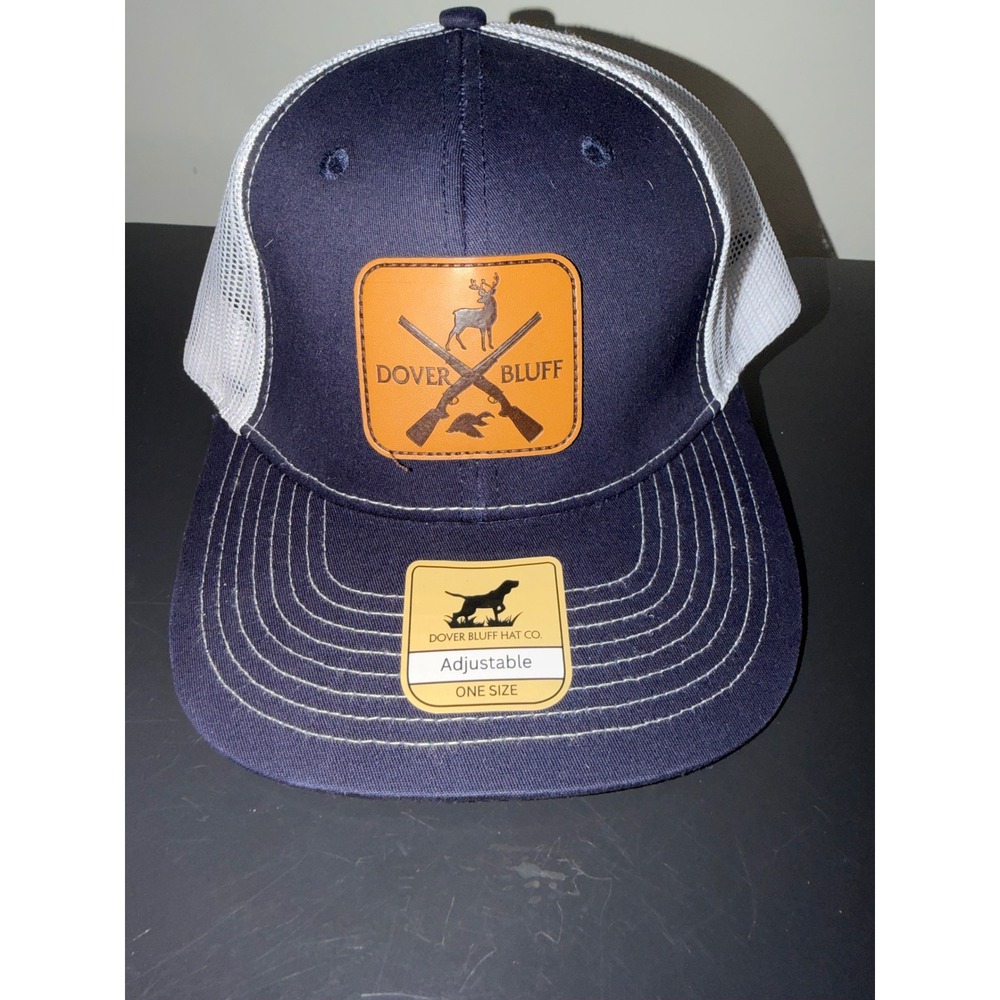 Dover Bluff Hat Co Navy White Mesh Trucker Hat Leather Patch Hunting Snapback